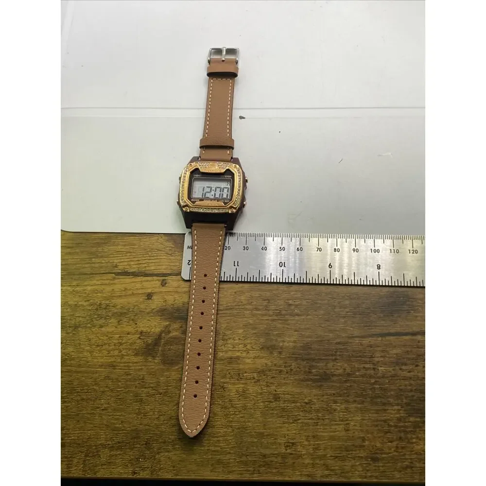 Freestyle Shark Rosegold Rhinestone Brown Leather Band Surfing Watch New Battery